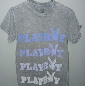 Playboy Light Blue Ombre Logo Graphic Grey Washed Mens Short Sleeve